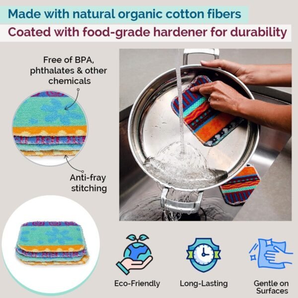 Reusable Dish Scrubber Sponge Set - Non-Scratch Scouring Pads & Scrubbing Cloths Made of Natural Organic Cotton Fibers with Food-Grade Hardener Coating for Kitchen, Bathroom & Household Cleaning (4) - Image 3
