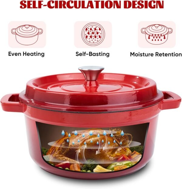 6.5 Quart Enameled Cast Iron Dutch Oven Pot with Lid, Dual Handle for Bread Baking, Pre-Seasoned Cookware, Heavy-Duty, Oven Safe up to 500° F, Non-stick & Applicable All Cookings, Red - Image 3