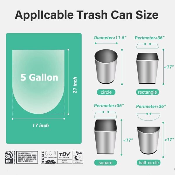 Compostable Trash Bags 5 Gallon Compost Small Trash Bags for Kitchen Bathroom Office ASTM D6400 BPI Certified 45 Couts Green - Image 2