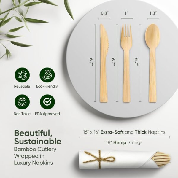 Premium Pre-Rolled Napkin and Bamboo Cutlery Set (30 Pack, 120 PCS) 100% Biodegradable, Eco-Friendly, Disposable Wrapped Cutlery - Includes Pre-Wrapped Bamboo Forks, Knives, Spoons, & Napkins - Image 3