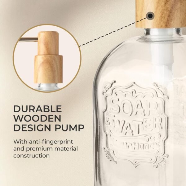 Nellyke 17Oz Glass Liquid Soap Dispenser with Wood Grain Design Pump, Refillable Clear Hand Liquid Soap Dispenser with Embossed Pattern, Glass Dish Dispenser for Bathroom & Kitchen Sink - Image 4
