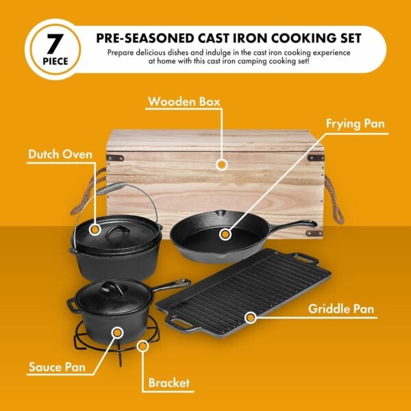 Bruntmor Camping Cooking Set Of 7. Pre Seasoned Cast Iron Pots And Pans Dutch Oven With Lids For Outdoor Comefire. Grill Cookware Skillet Sets With Storage Box - Image 3