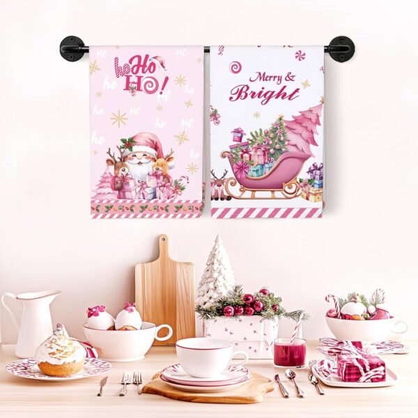 2 Pcs Pink Santa Kitchen Towel 100% Cotton Winter Christmas Absorbent Dish Towel 27.5"x18.8"Housewarming Christmas Tree Decorative Hand Towel for Dining Home - Image 2