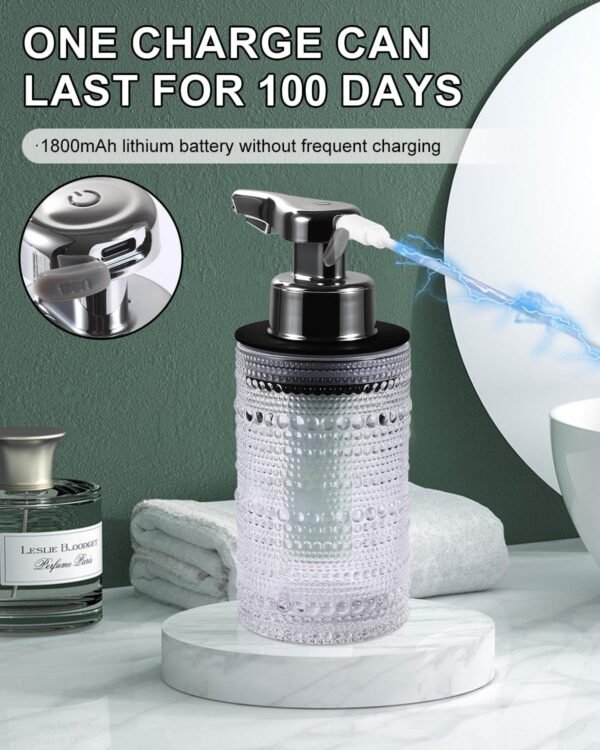 Automatic Glass Soap Dispenser, Touchless Liquid Hand Soap Dispenser, Rechargeable Dish Soap Dispenser with Night Light Function, Relief Glass Design for Kitchen, Bathroom, Hotel, 9oz/270ml - Image 4