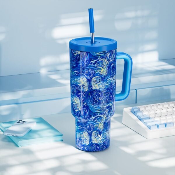 Meoky Tumbler with Handle and Straw for Women: 40 oz Stainless Steel Insulated Tumbler with Lid and Straw 100% Leakproof for Car Cup Holders - Travelers Commuters Workers, Van Gogh - Image 7