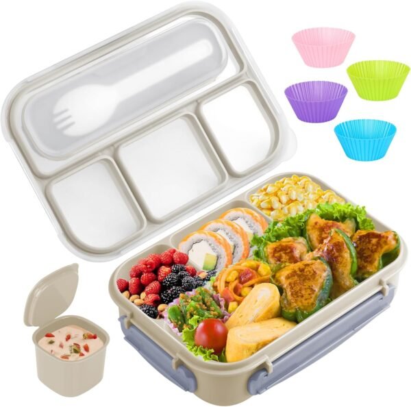 Bento Box Adult Lunch Box, Lunch Box Containers for Adults Men Women, 5 Cup Bento Lunch Box with 4 Compartments &Spork &Sauce Box, Leak-Proof, Microwave/Dishwasher Safe(Beige)