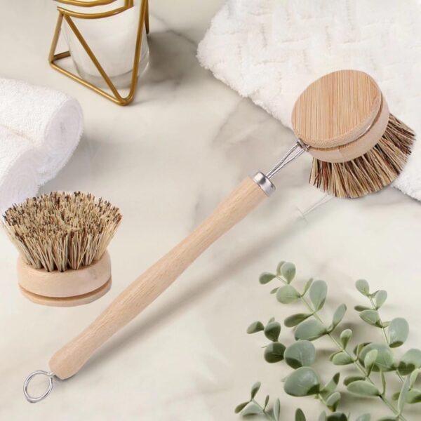 Bamboo Dish Brush with Handle - 4 Replacement Heads | Eco Hard Palm Dish Scrub Brush | Vegetable Brush | Dish Scrubber Brush | Bamboo Wok Brush for Cleaning Kitchen Utensils - Image 4