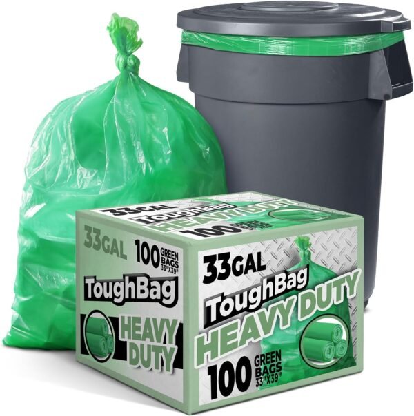 ToughBag 33 Gallon Recycling Trash Bags (100 Count) - Green Trash Bags, Yard Waste Bags, Large Garbage Bags, 30 Gallon Lawn Bags