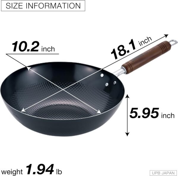Wok pan Induction NonStick Cooker 10.2inch - Iron Embossed Surface Wood Handle Made in Japan