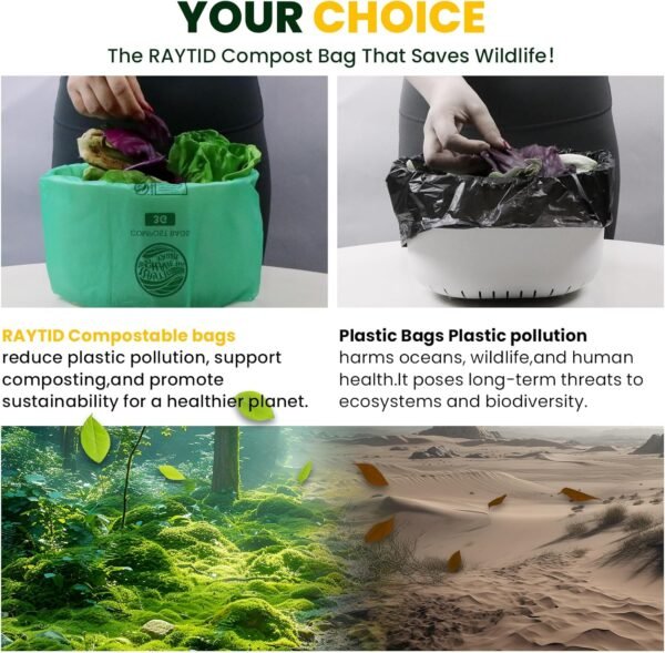 RAYTID Compostable Trash Bags, 3 Gallon,compost bags for countertop bin,Food Scrap Small Kitchen Trash Bags, US BPI and Europe OK Compost Home Certified, 100 Count - Image 5