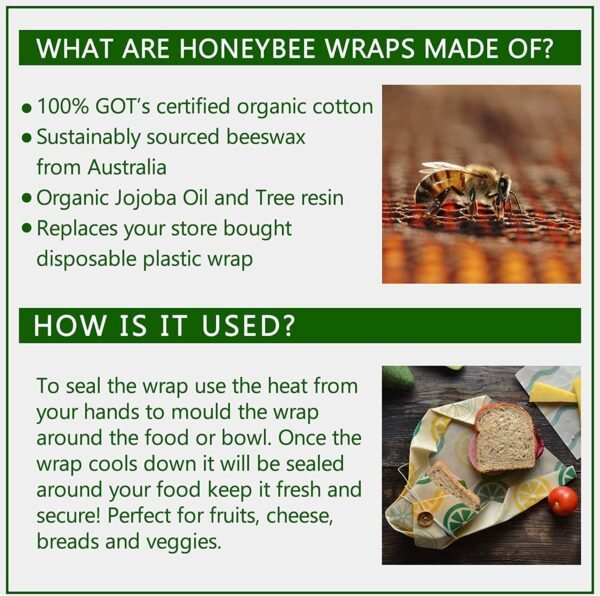 Organic Beeswax Wraps | Reusable, Eco-Friendly Food, Sandwich, Snack Wrap | Plastic Free | Premium Set of 6, 1 Large, 1 Medium, 1 Small Wrap, Button, Tie and Refresh Wax for Longer Usage - Image 9