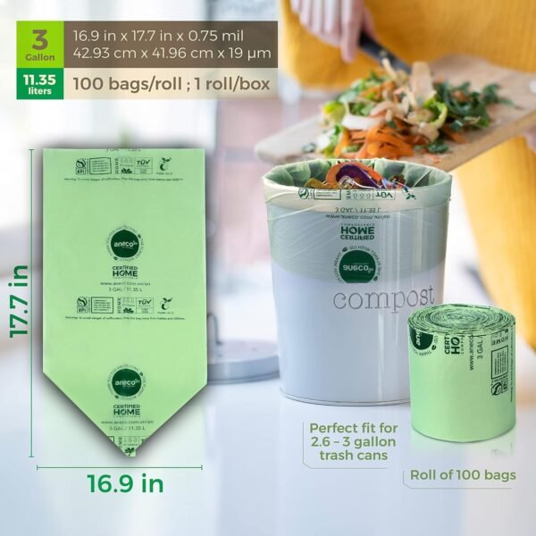 ANECO 100% Compostable Food Waste Bags 3 Gallon, 100 Count, Extra Thick Compost Bags for Countertop Bin, Small Compost Bag, Food Waste Bags with TUV OK Compost Home and BPI certified - Image 5