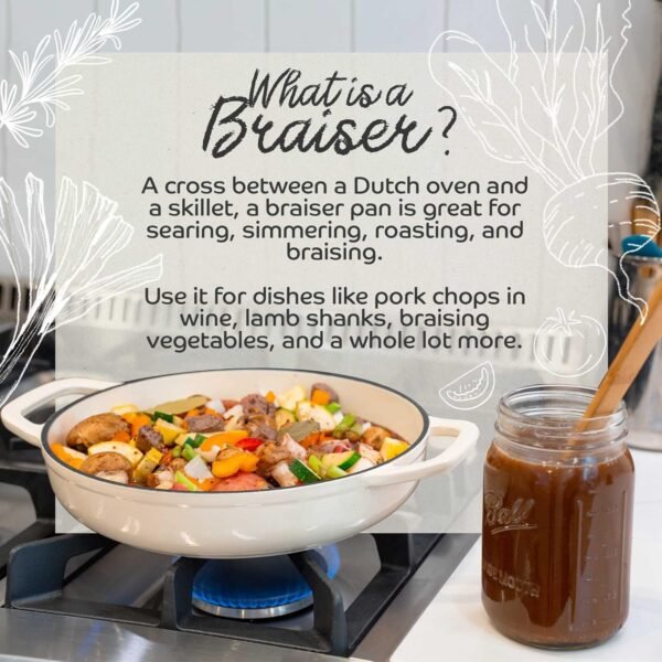 3.6 QT Braiser Enameled Cast Iron Casserole Pan With Cover, Bianco Perla (Off-White) Cast Iron Braiser Pan With Lid, Lasagna Pan Enamel Cast Iron Skillet with Lid Cookware - Image 5