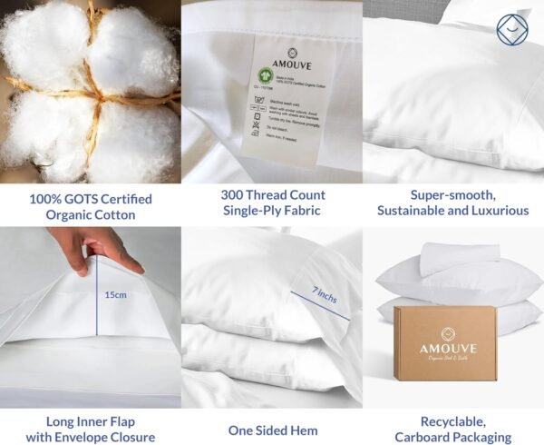 300 Thread Count 100% Organic Cotton Pillowcase - Set of 2, GOTS Certified, Hypoallergenic Soft Breathable for Skin and Hair, Luxury Bedding, Standard (White) - Image 6
