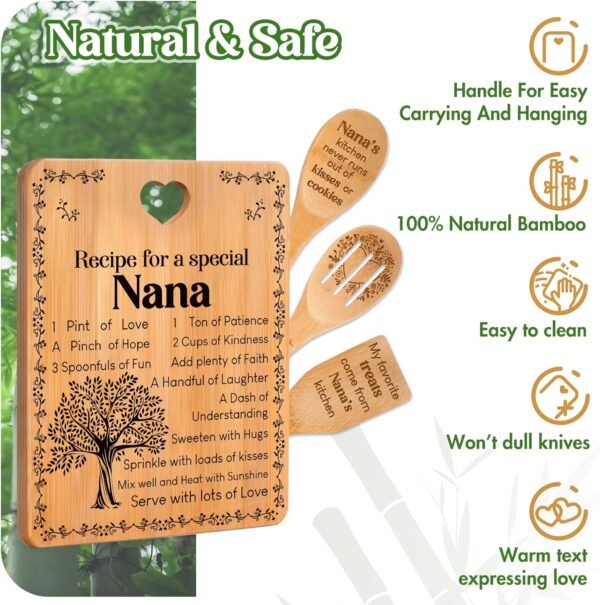 Nana Gifts - "Recipe for a Special Nana" Gifts for Nana Cutting Board Set, Bamboo-Made Engraved Utensil Set Nana Birthday Gifts, Birthday/Christmas Gifts for Nana from Grandkids - Image 6