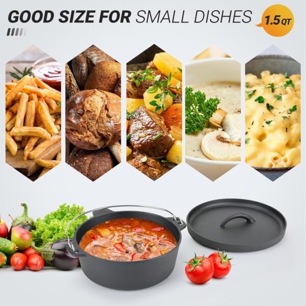 Cast Iron Dutch Oven Pot with Lid, for Small Dishes, Side Dishes, Camping Cookware set, BBQ, Garlic Roaster, 1.5 Quart Pan - Image 4