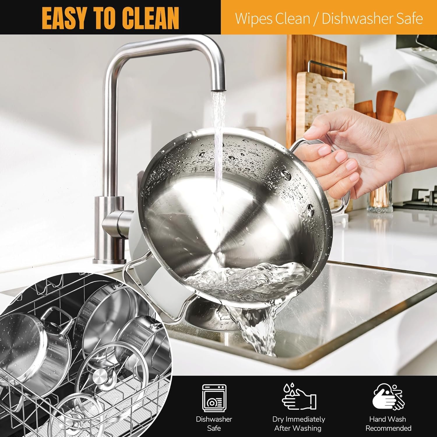 Stainless Steel pots and pans set, 6 Piece Nonstick Kitchen Induction Cookware Set,Works with Induction/Electric and Gas Cooktops, Nonstick, Dishwasher - Image 6