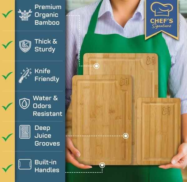 CHEF'S SIGNATURE Premium Organic Bamboo Cutting Boards for Kitchen Set of 3 - Durable, Eco-Friendly - Wood Cutting Board w/Juice Grooves & Easy Grip Handles - Perfect for Chopping, Slicing and Serving - Image 2