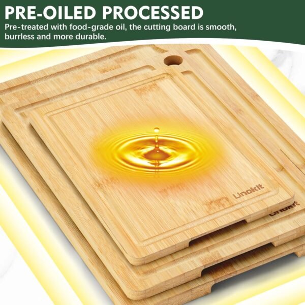 Bamboo Cutting Board, Unokit Wood Cutting Boards for Kitchen (Set of 3), Cutting Board with Juice Grooves & Built-in Handles, Ideal Charcuterie & Chopping for Meat, Vegetables and Fruits - Image 4
