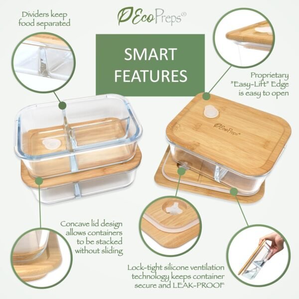 Glass Bento Box Containers with Bamboo Lids, 3 Compartment Glass Meal Prep Containers [3 Pack] - 100% Plastic Free, Eco-Friendly Glass Lunch Containers, Bamboo Glass Bento Boxes for Adults - Image 4