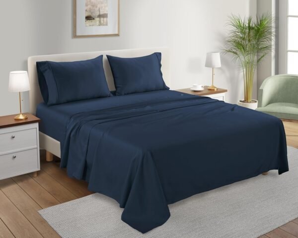 Organic Cotton Sheets Queen Size Set, 100% Organic Cotton Queen Sized Sheets, 300 TC Sateen Weave Bedsheets Queen Size Bed, 16" Deep Pocket, Soft Breathable Sheet & Pillowcase Sets - Navy - Image 3