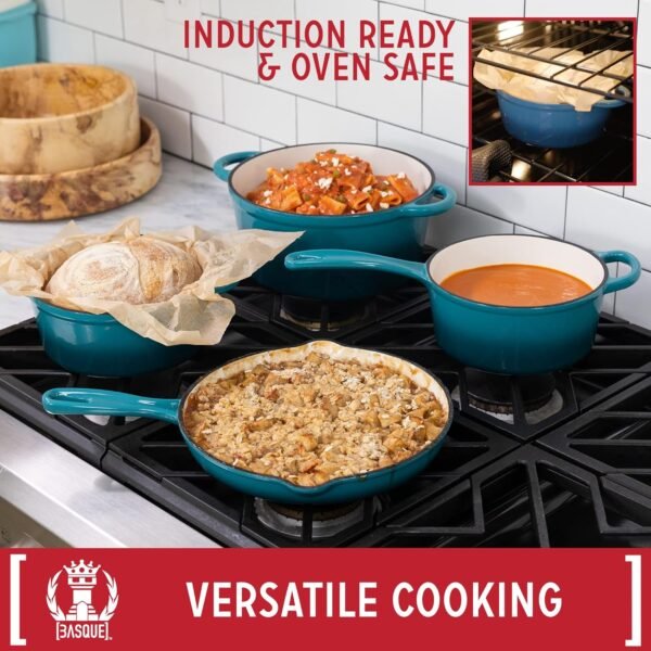 Basque Enameled Cast Iron Cookware Set, 7-Piece Set (Biscay Blue), Nonstick, Oversized Handles, Oven Safe; Skillet, Saucepan, Small Dutch Oven, Large Dutch Oven, 10.25", 2QT, 2.25QT, 4.75QT - Image 4