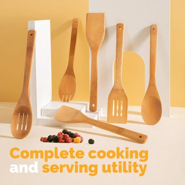6-Pcs | Kitchen Utensil Set Wooden Cooking Spoons - Wooden Spatula Natural and Durable Wooden Spoons -Bamboo Wooden Spoons for Cooking - Bamboo Cooking Utensils Set - Bamboo Spatula for Home - Image 2
