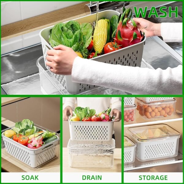 6 PCS Large Fruit Storage Containers for Fridge, Airtight Food Storage Containers with Removable Colander, Dishwasher & Microwave Safe, Berries Containers Keep Vegetables, Fruits Fresh Longer - Image 3
