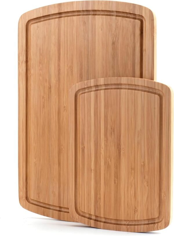 Bamboo Cutting Board Set of 2 - Cutting Board with Juice Groove, Double-Sided Cutting Board for Kitchen, Bamboo Serving Board Chopping Board for Meat, Vegetables and Cheese