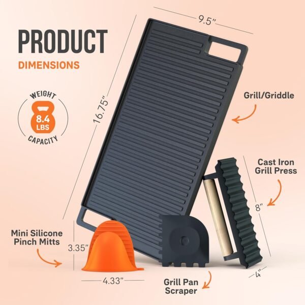 Cast Iron Griddle, Reversible Grill/Griddle + Cast Iron Press + Pan Scraper + Pinch Mitts, Grill Pan For Stove Top, Gas Grill, Indoor & Outdoor Cooking - Pre Seasoned & Non-stick (9.5" x 16.75") - Image 4