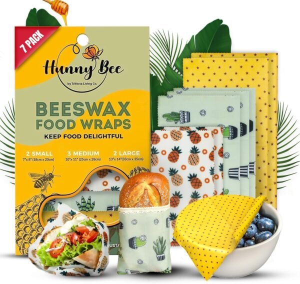 Trifecta Living Co. Versatile Beeswax Wraps,Set of 7-Fresh Food Keeper, Durable & Easily Cleaned, Sustainable Step Towards a Zero-Waste Kitchen, Unique Designs (Pineapple, Cactus, Star)