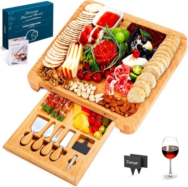 Easoger Cheese Board, Large Charcuterie Board Set, Bamboo Serving Platter, 4 Serving Knives and Utensils - House Warming Gifts, Wedding Gifts for Couples, Birthday Gift for Women or Men