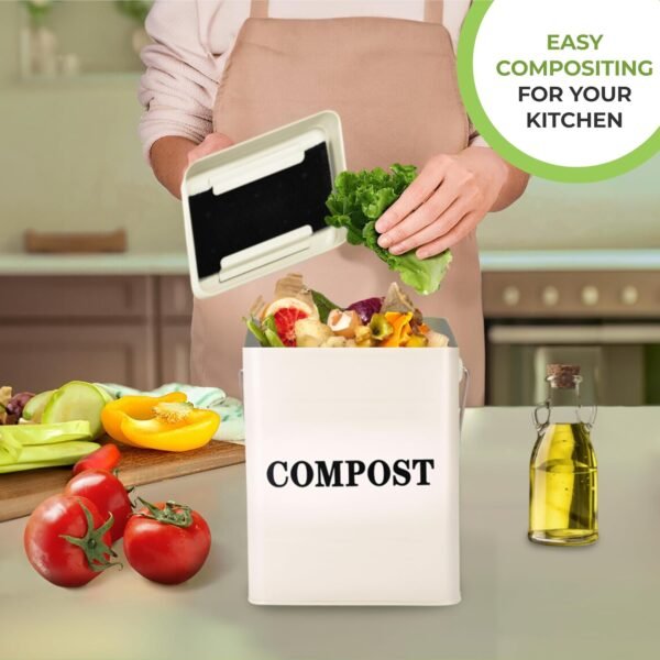 Window Garden Kitchen Compost Bin - Metal Pail for Composting Kitchen Scraps - Small Indoor Compost Bucket with Carbon Filter Lid - Food Scrap Container for Countertop - 9.1x7.1x6.3 inches (Off-White) - Image 7