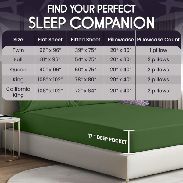SLEEP SANCTUARY 100% Organic Viscose Derived from Bamboo Sheets Queen Size 4pcs - Ultra Soft & Luxuriously Cooling, 17" Deep Pocket, Perfect for Hot Sleepers - Queen Bed Sheets (Olive) - Image 5