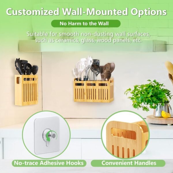 Large Bamboo Utensil Holder Set, Kitchen Utensil Organizer with Removable Divider, 3 Compartments Utensil Caddy for Kitchen Countertop (Bamboo) - Image 5