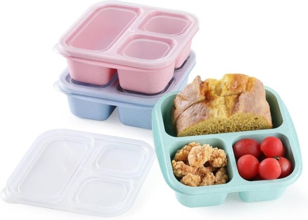 3PCS Snack Containers, Stackable Snack Box Container with 3 Compartments, Lunch Containers & Bento Box for Kids and Adults (3Pack, 3Colors) - Image 9