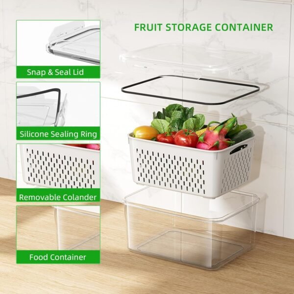 6 PCS Large Fruit Storage Containers for Fridge, Airtight Food Storage Containers with Removable Colander, Dishwasher & Microwave Safe, Berries Containers Keep Vegetables, Fruits Fresh Longer - Image 4