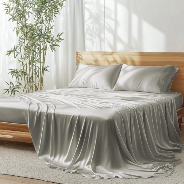 JSELF 100% Organic Viscose from Bamboo Sheets Queen Size Set - Ultra Soft & Luxuriously Cooling Sheets for Hot Sleepers, Double Stitching, 16" Deep Pocket, 4PCS Queen Size Bed Sheets Set (Grey)