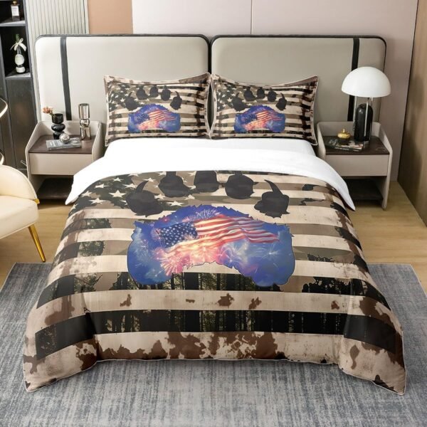 Retro American Flag 100% Organic Cotton Comforter Cover (Not Comforter) Paw Print Duvet Cover Set Queen Size for Bedroom Vintage Camouflage Stripes Bedding Set with 2 Pillowcases