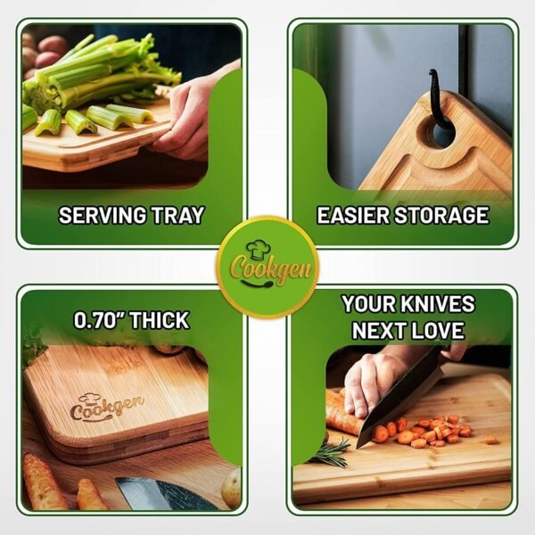 Bamboo Cutting Board Set of 3, Wood Cutting Boards in Large, Medium & Small Size, Organic Wooden Cutting Boards for Kitchen, Vegetable & Meat Cutting Board, Cutting Board with Juice Groove & Handles - Image 5
