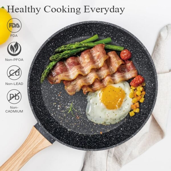 12 Pcs Pots and Pans Set Non Stick Kitchen Cookware Sets Nonstick Induction Cookware Black Granite Cooking Set with Frying Pans, Saucepans, Steamer Silicone Shovel Spoon & Tongs (NO PFOS, PFOA) - Image 3