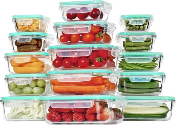 Vtopmart 15 Pack Glass Food Storage Containers, Meal Prep Containers, Airtight Glass Bento Boxes with Leak Proof Locking Lids, for Microwave, Oven, Freezer and Dishwasher