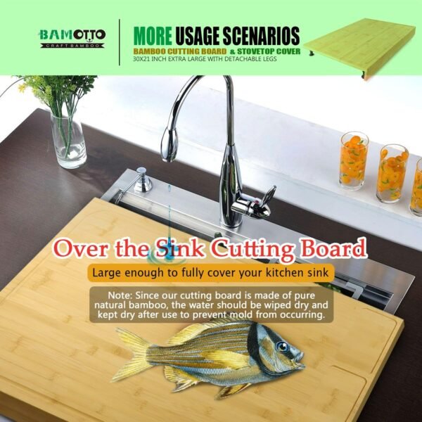 30 x 21 in Extra Large Bamboo Cutting Board and Stovetop Cover, Stove Top Cover Chopping Board with Detachable Legs and Juice Groove, Sink Cover Board, for Restaurant Kitchen Countertop - Image 6