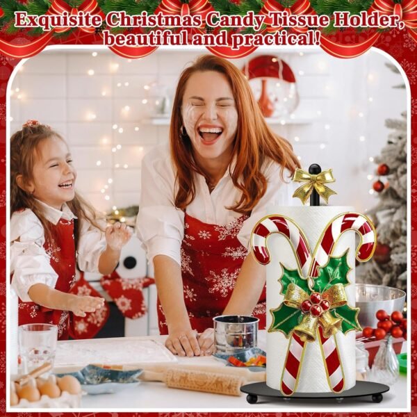 Shellwei Candy Cane Christmas Paper Towel Holder with Round Base Christmas Bathroom Decor Rustic Paper Towel Dispenser Kitchen Paper Holder Stand for Countertop Toilet Home Accessories - Image 2