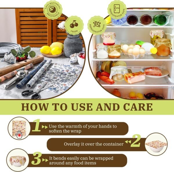 Moukeren 3 Rolls Beeswax Wraps for Food Assorted Organic Cotton Reusable Beeswax Food Wrap Sustainable Wax Paper Beeswax Food Wrappers Plastic Silicone Free for Bread Cheese, 13 x 40"(Butterfly) - Image 5