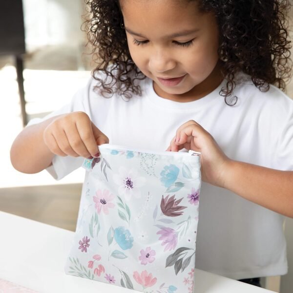 Bumkins Reusable Sandwich and Snack Bags, for Kids School Lunch and for Adults Portion, Washable Fabric, Waterproof Cloth Zip Bag, Travel Pouch, Food-Safe Storage, Large 2-pk Floral and Lace - Image 2
