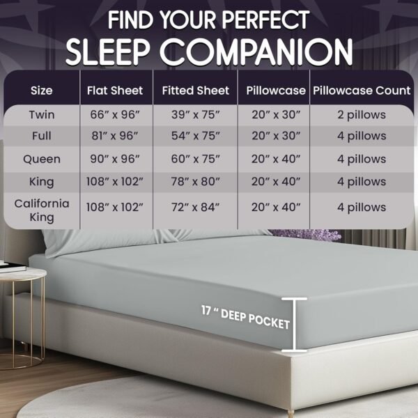 SLEEP SANCTUARY 100% Organic Viscose Derived from Bamboo Sheets King Size 6pcs - Ultra Soft & Cooling, 17" Deep Pocket, Double Stitching, Perfect for Hot Sleepers - King Bed Sheets (Light Grey) - Image 5