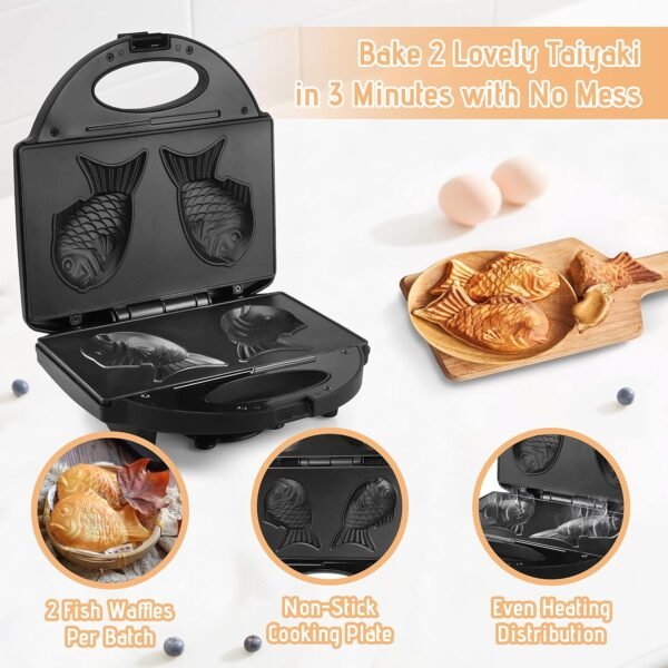 Taiyaki Fish Waffle Maker Machine with Non Stick Cooking Plate, Electric Japanese Fish Shaped Waffle Iron Pan, Korean Bungeoppang Pan, Recipe Included - Image 2