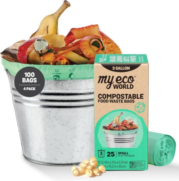 Compostable Food Waste Bags - 100 Count - 100% BPI Certified Compostable - AS5810 & EN13432 Compliant - Small 3 Gallon - Super Strong - Leak Proof - Unscented - Easy to Open - Kitchen Bags