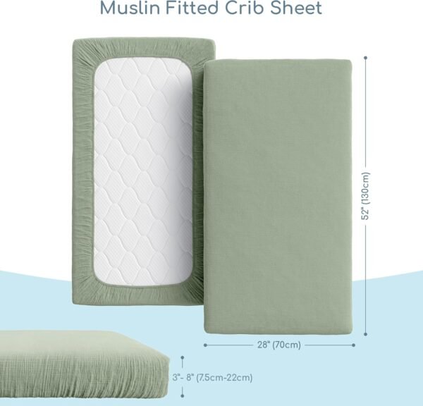 Muslin Crib Sheets, 100% Organic Cotton, Breathable and Ultra-Soft, Standard Crib Sheet Mattress (28"x 52") for Girls and Boys, Neutral Fitted Baby Crib Sheet (Sage Green) - Image 4